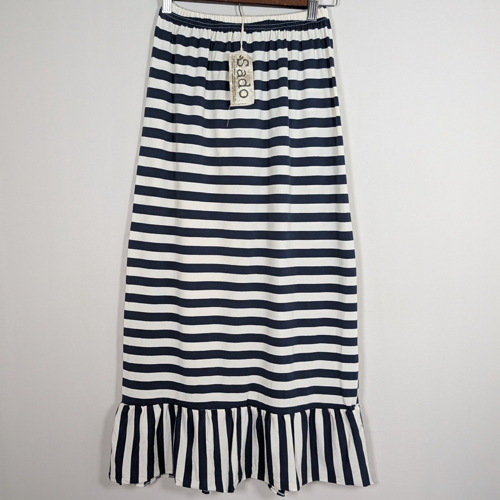 Sado Girls Size 12 Navy Blue White Striped Ruffle Hem Maxi Skirt Cotton Blend
